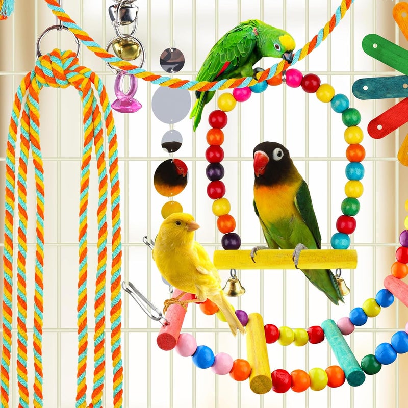 QUOZUO 8 pcs Bird Toys for Parakeets with Colorful Ladder Hammock Bird Cage Accessories Bird Perch Stand Chewing Toys Hanging Bell Parrot - Image 4